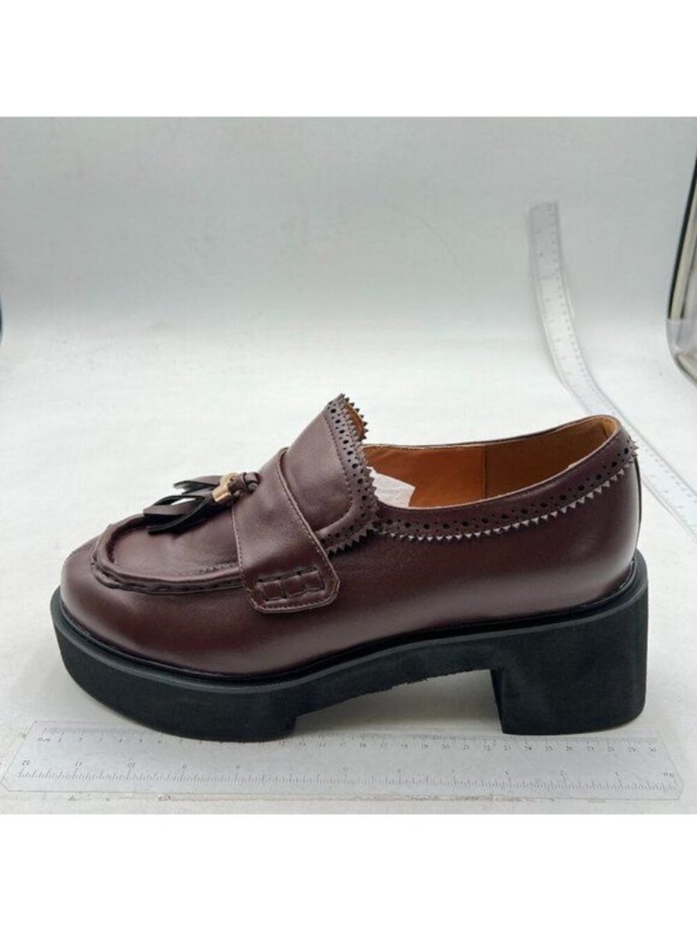 FOWT Brown Tassels Low Chunky Heel Loafers Round Toe Platform Casual Shoes
